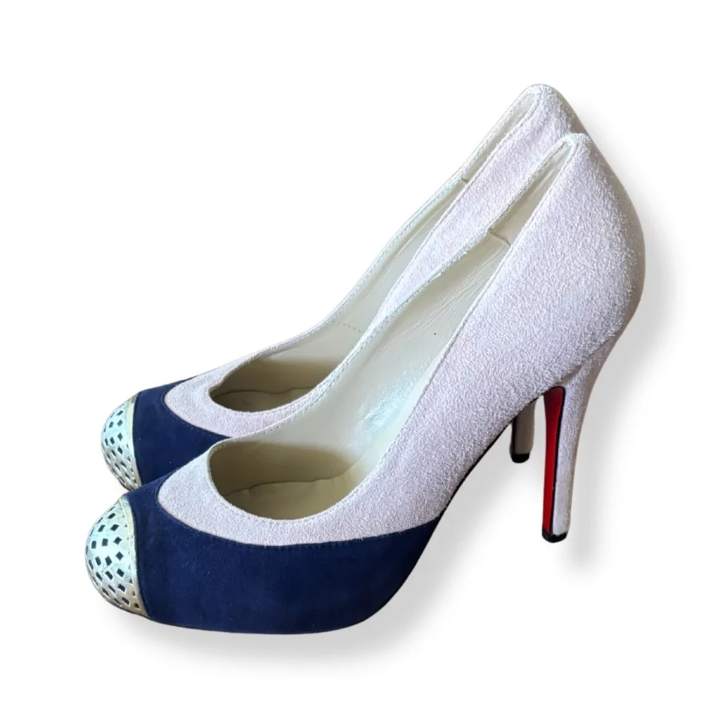Christian Louboutin Navy and Blush Suede Pumps with Gold Cap-Toe